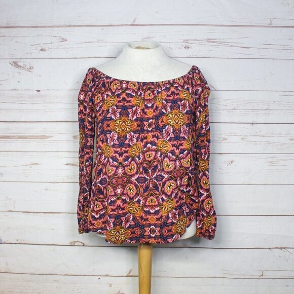 Billabong Mi Amore Off The Shoulder Tribal Printed Crinkle Top Size Small - Picture 3 of 9
